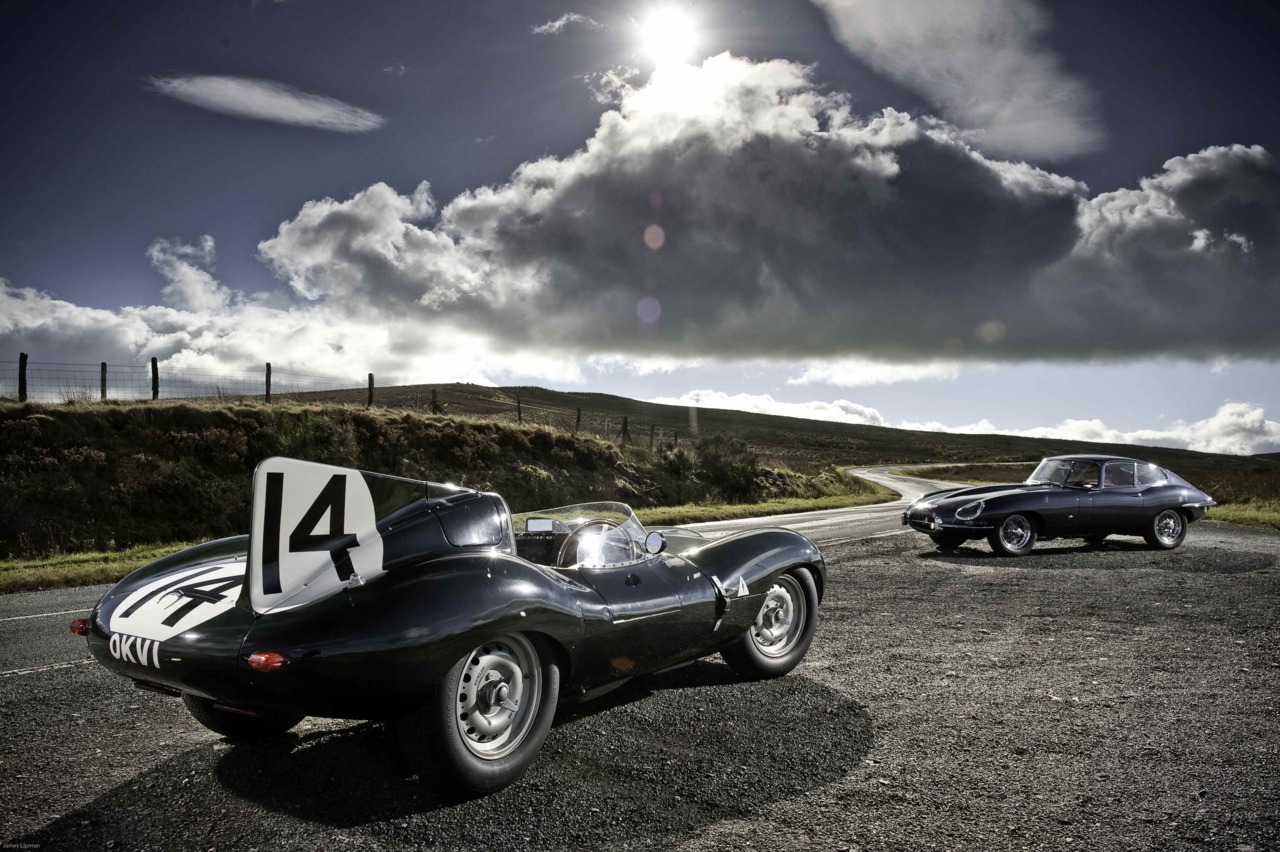 Gorgeous curves.
coolerthanbefore:

Jaguar D-Type &amp; E-Type, North Wales. Photograph copyright James Lipman.