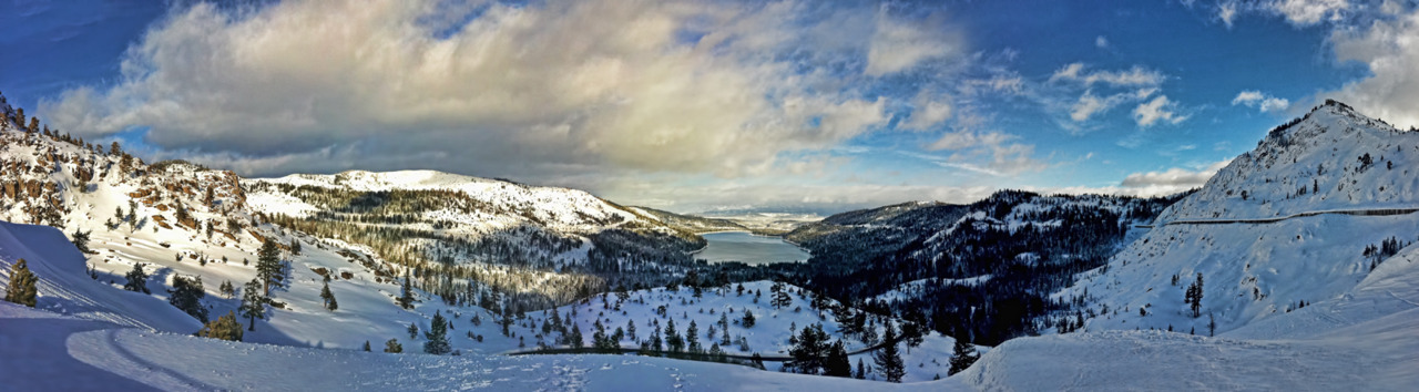 Looky what I saw today. Donner Lake taken from Donner Summit.
Panoramic photo taken on my iPhone 4. Zoomed. Enhanced. 