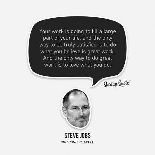 startupquote:

Your work is going to fill a large part of your life, and the only way to be truly satisfied is to do what you believe is great work. And the only way to do great work is to love what you do.
- Steve Jobs